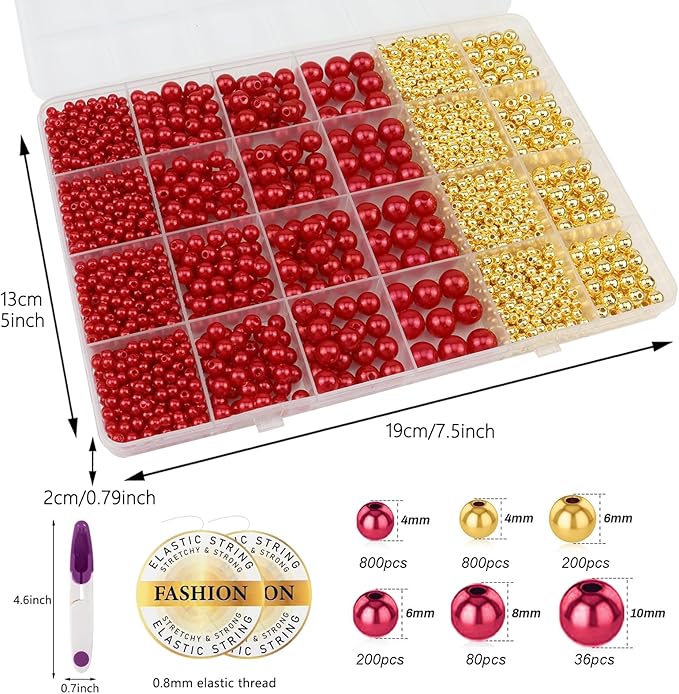 2116 PCS Pearl Beads for Bracelet Making Kit Gold Beads for Jewelry Making Kit Gold Small Spacer Bead Dark Red Pearl Bead for Crafting Charms Necklace Earrings DIY Craft for Women Adult