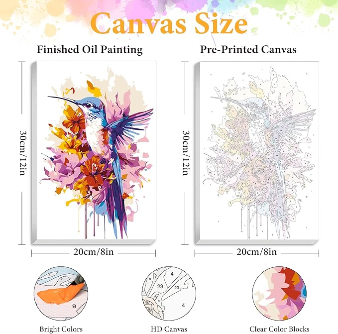 Framed Paint by Numbers Kit for Adults Beginner Hummingbird, Adult Paint by Number Kits on Canvas Framed Bird, DIY Acrylic Oil Painting by Numbers with Frame, Perfect for Home Decor Gift 8 X 12 Inch