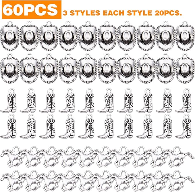 60pcs Silver Western Cowboy Charms Pendants Alloy Horse Cowboy Boot Hat Dangle Charms for DIY Earrings Bracelet Necklace Jewelry Making