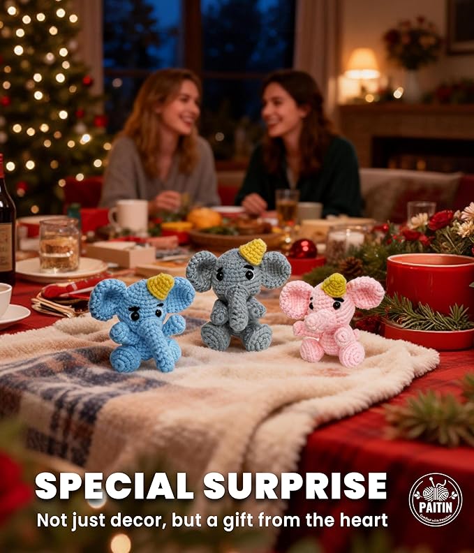 PAITIN Crochet Kit for Beginners – DIY Elephant Crochet Craft Project, Easy Handmade Yarn Art Kit for Adults with Step-by-Step Video Tutorial