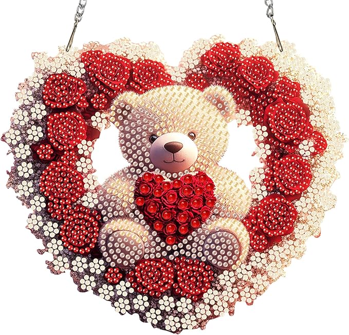 Miwixy Valentine Hanging Diamond Art Kits for Adults,Rose Bear Special Shaped Crystal Christmas Diamond Painting Ornament Kit DIY Double-Sided Pattern Window Pendant Gem Art Kit for Home Wall Decor