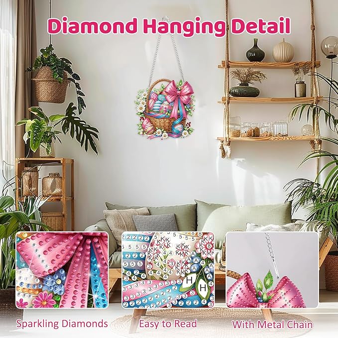 MEIYUDA Easter Egg Diamond Art Hanging Kits for Adult, Easter Eggs Basket Diamond Painting Hanging Kits Ornaments, DIY Special Shaped Rhinestone Window Pendants kit for Home Garden Wall Decor Gift