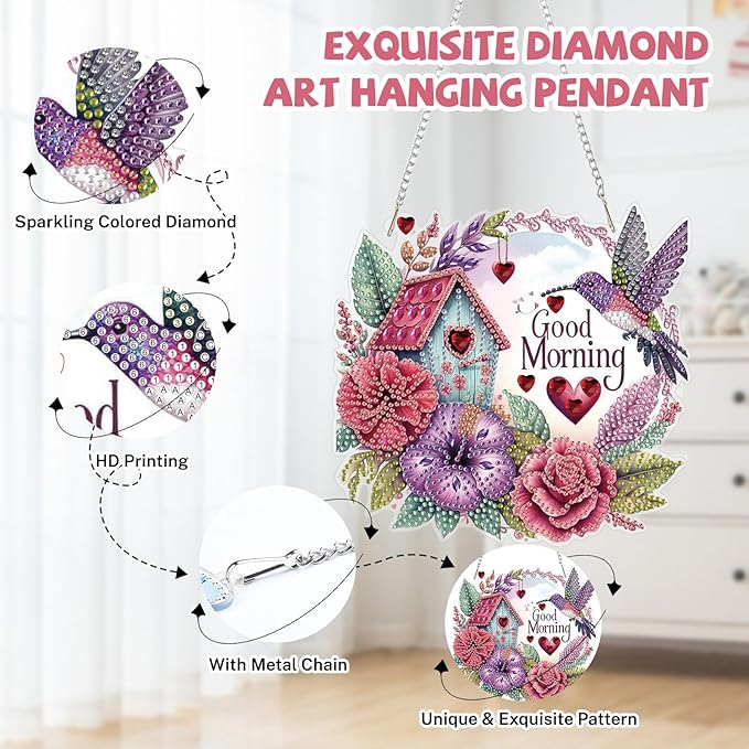 Bowetile Birds Diamond Art Hanging Kits for Adults, Good Morning Diamond Art Suncatchers Flowers, 5D Special Shape Diamond Painting Pendant Window Ornament Gifts for Home Door Wall Decor