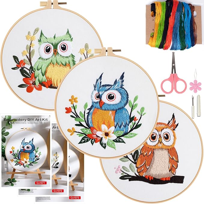 COCOMOX 3 Sets Embroidery Kit, Hand Embroidery Stiches Practice Kit for Beginners Adults, Owl Embroidery Kit Craft Lover Hand Stitch with Embroidery Skill Techniques