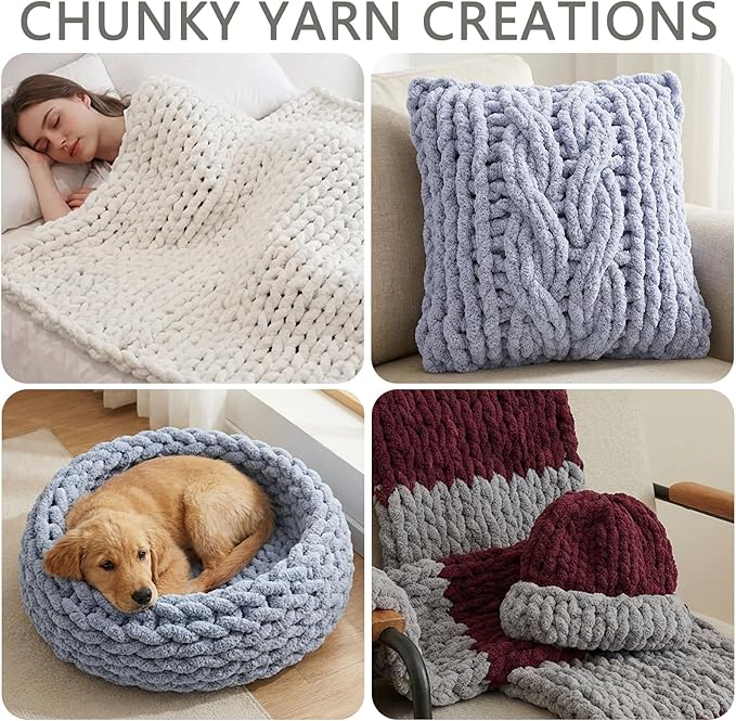 Chunky Chenille Yarn for Hand Knitting and Blankets, Super Soft Jumbo Yarn Pack for Crocheting, Bulky DIY Projects, 8 Skeins (Sage Green)