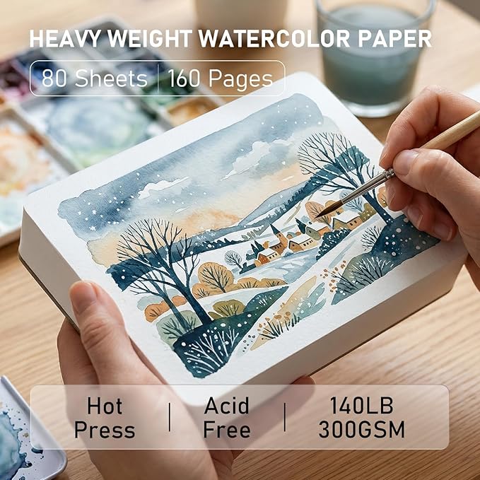 FLUNBRATO 80 Sheets Mini Watercolor Paper Pads, 2.6 x 3.3 Inch, 100% Cotton, Hot Press Acid Free Tiny Travel Watercolor Notebooks, Two-Edge Glue Binding Compact Mixed Media for Painting