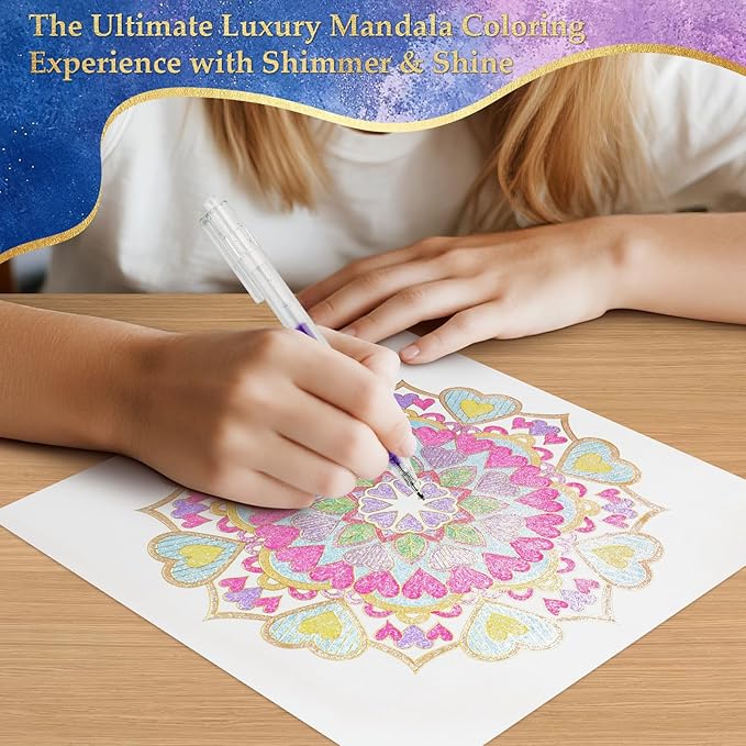 Mandala Adult Coloring Book for Women Relaxation, Gold Foil Mandala Coloring Book Set with 24 Colors Retractable Glitter Gel Pens, 12Pcs Premium Single-Sided Paper Mindfulness Gift Include Gift Bag