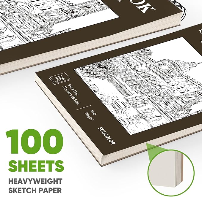 classroom must haves supplies for teacher student, soucolor 9" x 12" sketch book 100 sheets, back to school supplies, art sketchbook, acid free (68lb/100gsm) artist drawing book painting sketching pad
