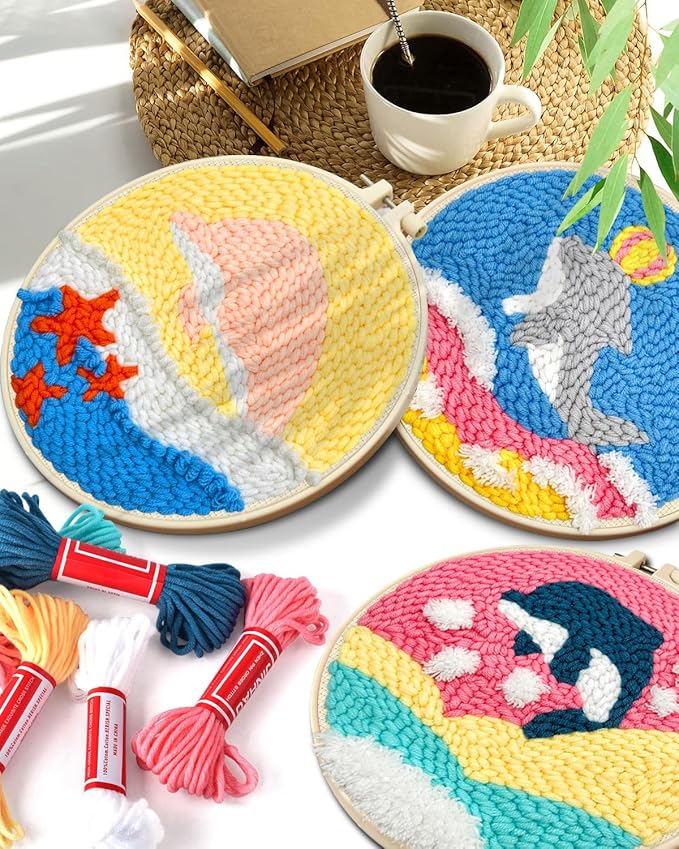 TINDTOP Punch Needle Kits, 3 Pack Punch Needle Embroidery Kits for Adults Beginner, Tool with Punch Needle Fabric, Hoops, Yarns and Sewing Needles (Dolphin)