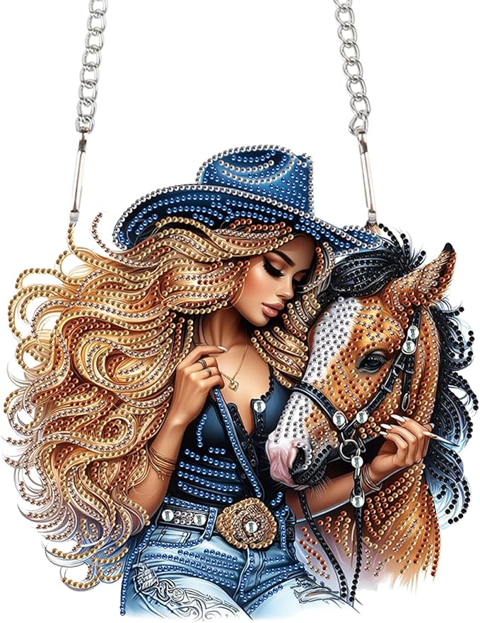 JZHYOAN Diamond Painting Arts Hanging Kit DIY Woman and Horse Acrylic Pendant Ornaments Craft Kits Crystal Art Pendant Wind Chimes with Diamonds Diamond Art Window Pendants Craft for Adult