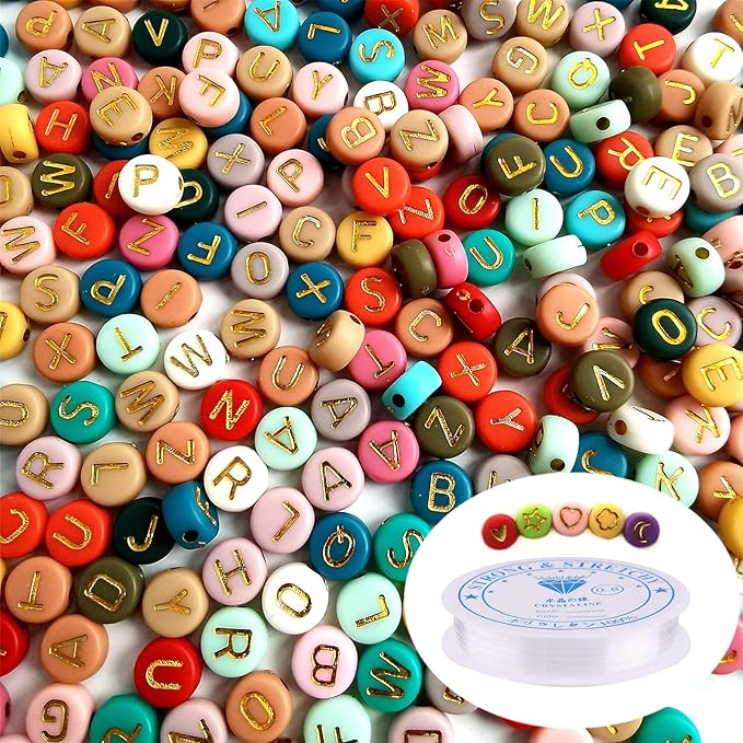 Amaney 1000pcs 4x7mm Alphabet Letter Beads Heart Star Moon Beads Gold on Colors and Beading Cords for Jewelry Making