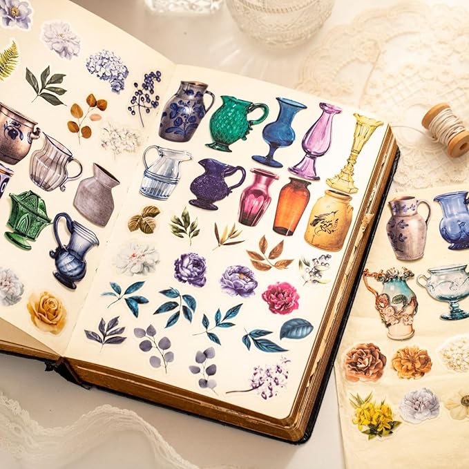 Doukado 120 Pieces Vintage Colorful Flower Themed Scrapbook Stickers, 6 Pack Aesthetic Floral Vase Decorative Stickers for Scrapbooking, Journaling, Creative Journal Supplies and DIY Crafts
