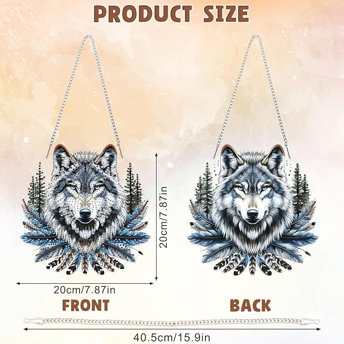 DOMROM Wolf Diamond Art Hanging Kits for Adults Beginners, Special Shaped Crystal Diamond Painting Wolf Pendant, DIY Diamond Art Suncatchers Animal for Home Garden Wall Decor Gift