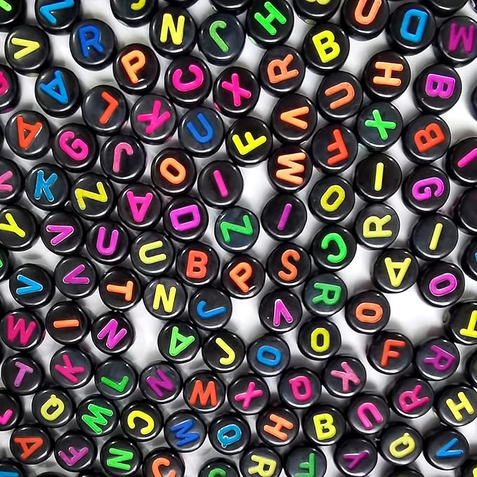 Amaney 1000pcs Alphabet Beads 4x7mm Round Letter Beads Black Acrylic with Colorful Letter for Jewelry Making