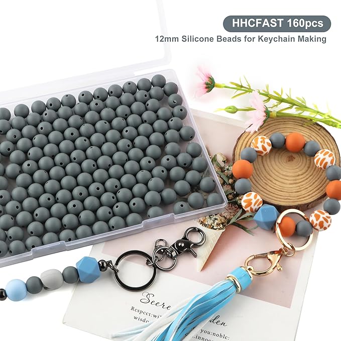 160Pcs 12mm Silicone Beads for Keychain Making Bracelet Necklace, Bulk Round Silicone Beads for Pens（Dim Gray）
