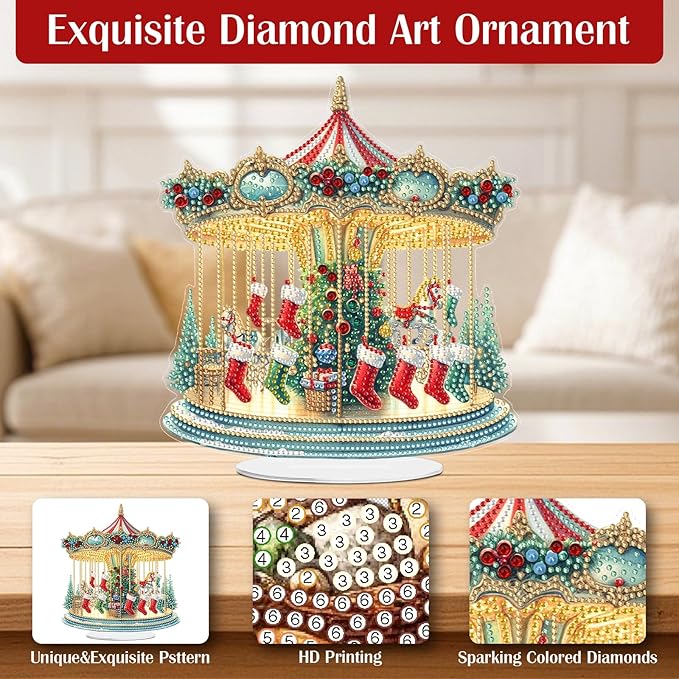 LAKEQUILL Christmas Diamond Painting Kits, Tabletop Ornament, Stand Up Diamond Art Desktop Kits for Home Office Decor, New Year Gift - Xmas Carousel
