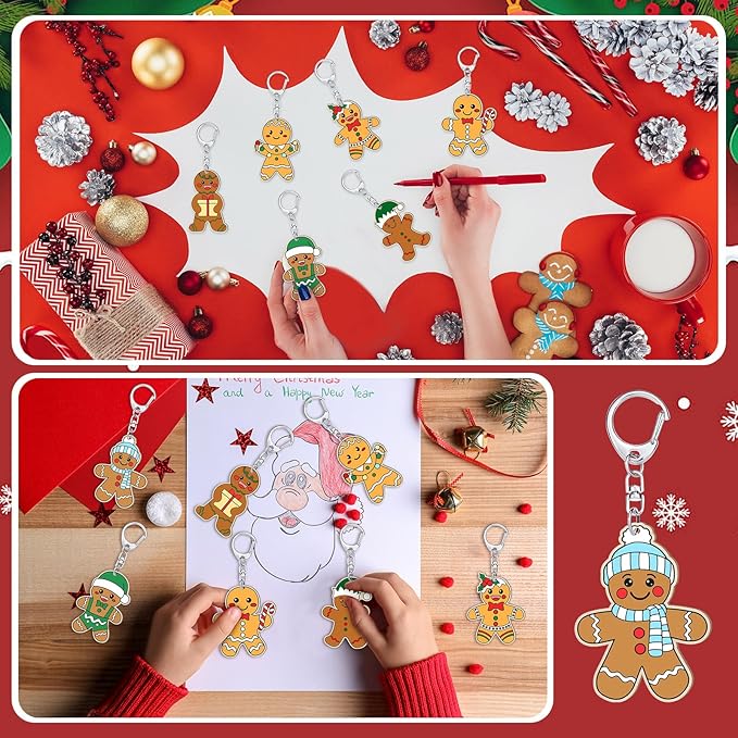 Trnayi 36 Pcs Gingerbread Man Craft Unfinished Wooden Keychains Color Your Own Gingerbread Man Ornament to Paint Blank Wood Painting DIY Crafts for Christmas Party Home Activities Arts Project Decor