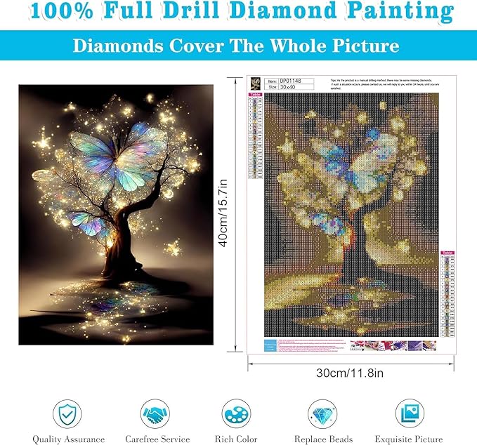 WUDWL Square Diamond Painting Kits Square Drill Diamond Painting,Square Diamond Art,Butterfly Tree DIY Gem Art Kits for Adults and Crafts for Gifts and Home Wall Decor 12x16inch