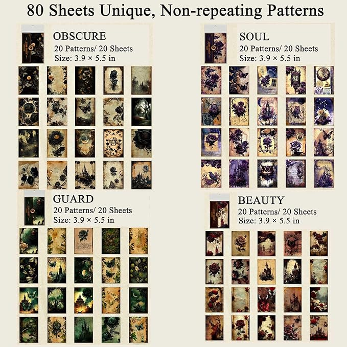 80 Sheets Gothic Scrapbook Paper, Vintage Junk Journal Supplies for Scrapbooking Kit, Magic Decorative Paper for Journaling Book Pages, Dark Academia Wall Decor for Room Decorations