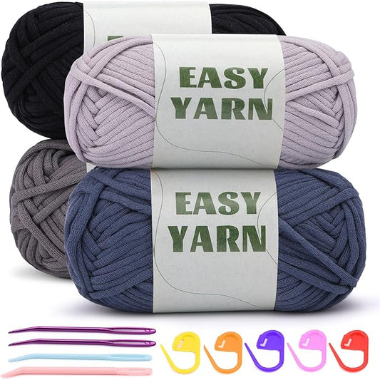 UzecPk 4x50g (7.1Oz) Yarn for Crocheting, 4x87Yds Crochet Yarn for Crocheting, Easy-to-See Stitches, Blend Crochet Kit Making Milky (Dark Blue&Light Gray&Dark Gray&Black)