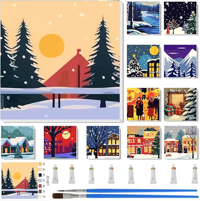 Nezyo 12 Sets Paint by Numbers Kit with Frame for Adult Beginners, Paint by Number DIY Acrylic Painting Canvas for Painting Party, Classroom Activity Birthday Gift, 8 x 8 Inch
