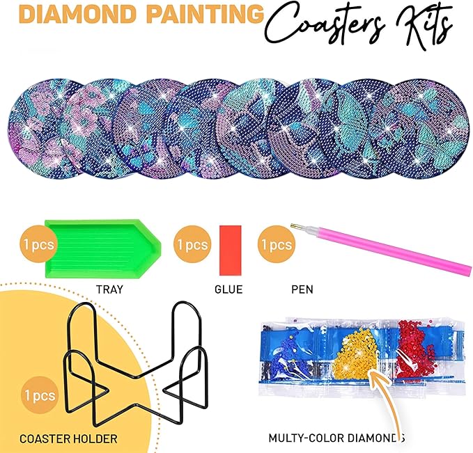 8 pcs Diamond Painting Coasters | Diamond Art Coasters | Blue Butterfly Diamond Art Painting | Perfect Art Craft Gift for Butterfly Lover, Dad, Mom, Grandparents, Brother, Sister.