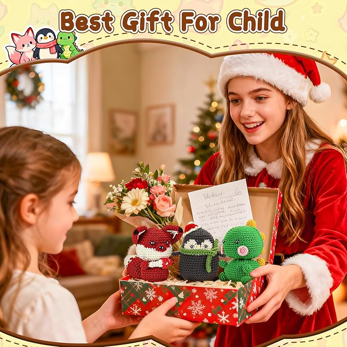 Crochet Kit for Beginners Kids - 3 Pack Animal Beginner Crochet Kit for Kids Adults Teens, Amigurumi Craft Knitting Supplies Set with Step-by-Step Video Tutorials, DIY Crocheting Gifts for Crocheters
