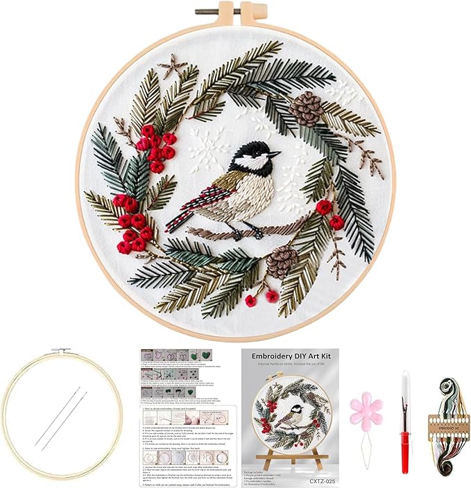 Huacan Embroidery Kits for Adults Beginner DIY Cross Stitch Stamped Christmas Pattern Stitching Wreath Sewing Kit 1 Piece 7.8 x 7.8 Inch
