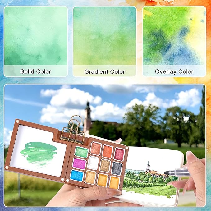Mini Watercolor Travel Set – 24-Color Watercolor Paint Kit with 12 Special & 12 Standard Pigments, 12-Well Removable Wooden Palette, 5 Brushes & 2 Sketchbooks – Portable Art Kit for Beginners, Students & Artists