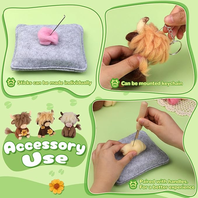 Yizzvb Needle Felting Kit, Highland Cow Family Needle Felt Beginner Kits with Instruction, Wool, Felting Needles, Felting Pad, Wool Felting Kits for Beginners Home Decoration