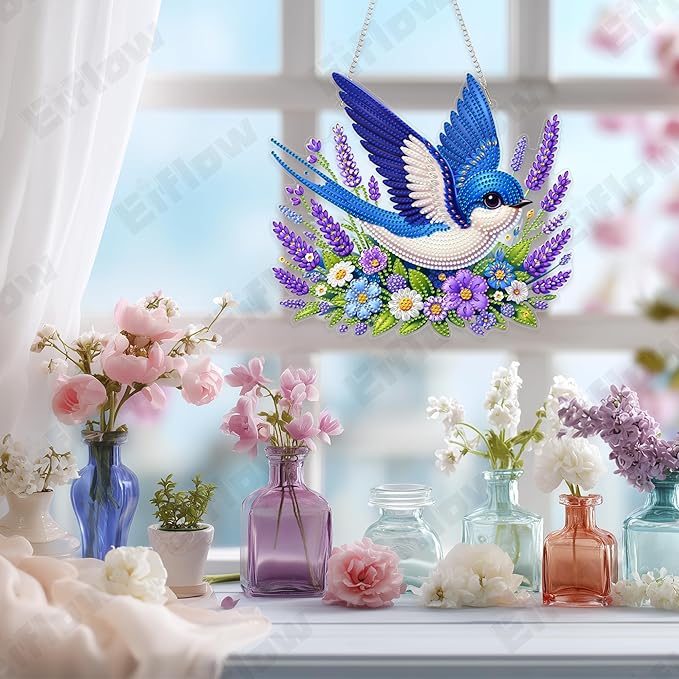 Eiflow Acrylic Diamond Art Hanging Kit for Adults, DIY Diamonds Painting Door Hanger Board Kit, Special Crystal Diamond Art Painting Pendant Ornament (Blue Bird)