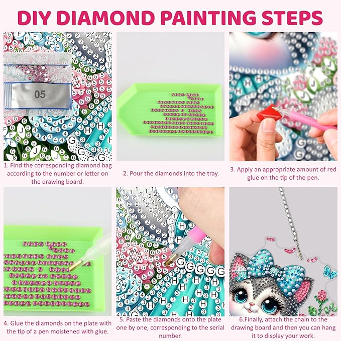 MEIYUDA Cat Diamond Art Hanging Kits for Adult, Flowers Cat Diamond Painting Hanging Kits Ornaments, DIY Special Shaped Rhinestone Window Pendants Kit for Home Garden Wall Decor Gift