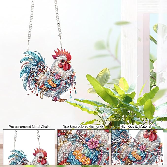Tontut 5D DIY Diamond Art Painting Pendant kit, Colorful Rooster Special-Shaped Hanging Crystal Window Pendant kit, Adult Gift Home Curtains, Yard Entrance Decoration