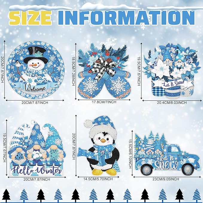Zonon 6 Pcs Winter Diamond Painting Hanging Sign Set 5d Snowman Diamond Art Set for Adults DIY Gnome Art Pendant Ornaments Kits Acrylic Winter Tree Wreath Truck for Wall Window Decor