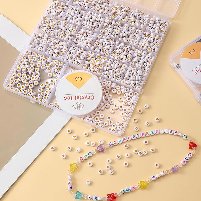 nikkiGuo 1250pcs 4x7mm White Round Acrylic Alphabet Beads A-Z Heart Beads with Numbers Crystal Line for Jewelry Bracelet, Necklace and Key Chains (Yellow White Colorful)