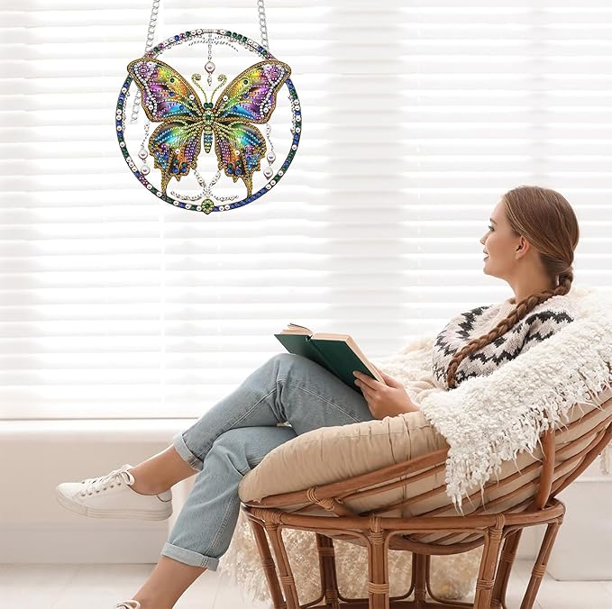 Bimkole Butterfly Diamond Art Hanging Kit for Adult, DIY 5D Animals Diamond Art Painting Window Pendant, Acrylic Crystal Art Hanging Ornament for Wall Home Garden Front Door Decor - 7.8x7.8 Inch