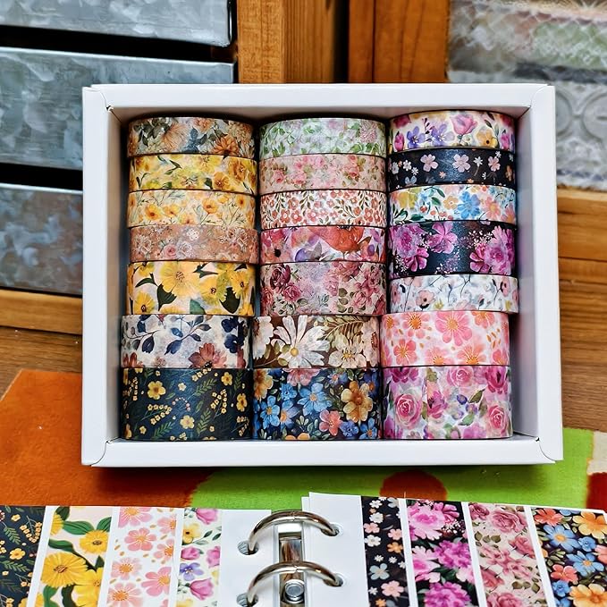 21 Rolls Yellow Floral Washi Tape Set - Retro Sunflower/Daisy/Rose Pattern Decorative Tape for Scrapbooking, Journaling, Junk Journal, Craft Supplies, Romantic Aesthetic Gift for Handmade Lovers