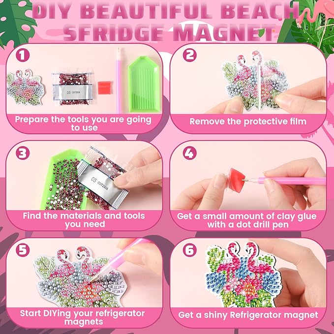 30 Pcs Summer Diamond Art Painting Magnets Flamingo Fridge Magnetic Diamond Art Painting Kits Flamingo Fridge Sticker Magnet DIY Craft for Adult Beginner Gifts Toy Home Office Decors