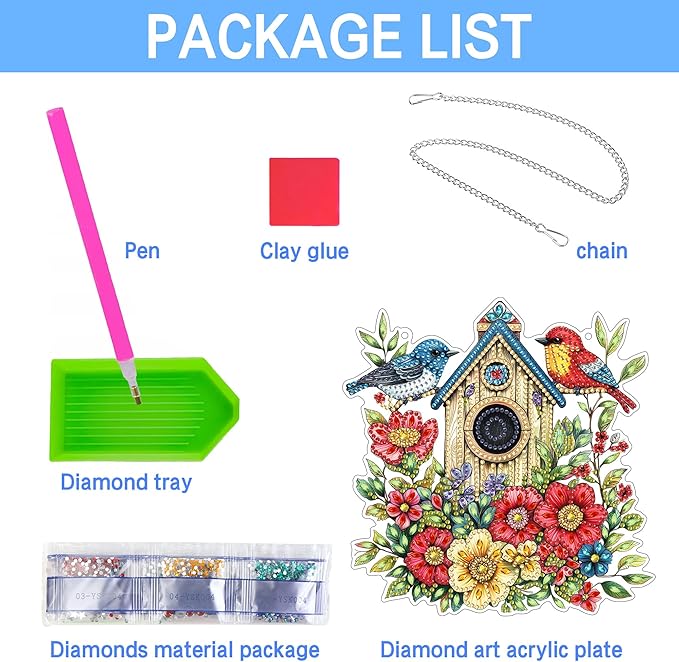 VAIIEYO Bird Diamond Art Hanging Ornament, Birdhouse Animal Diamond Painting Suncatchers Window Hanging Kit with Chain, 7.5x7.5 inch Crystal Pendant Art Craft for Gift Home Wall Front Door Decoration