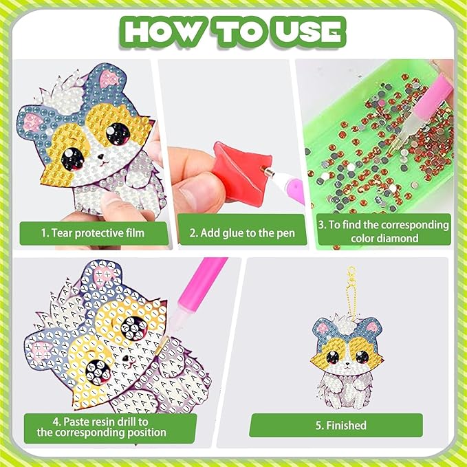 Masendp 8 Piece 5D DIY Animal Diamond Painting Keychain Set, Cartoon Diamond Pendant Hanging Animal Art Ornament for Adult Beginner Pack Birthday Family Party Decoration