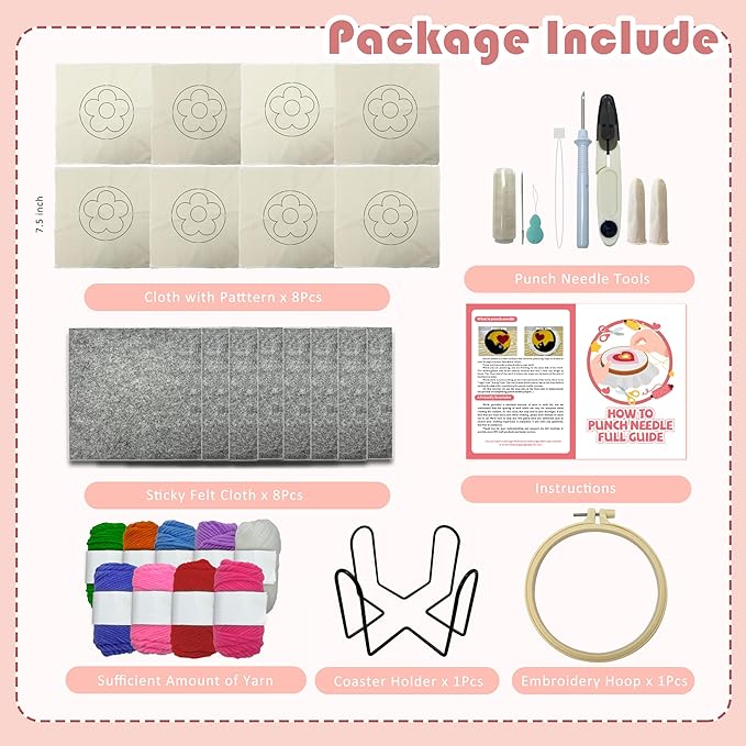 SEREDH Punch Needle Kit for Beginners Adults Easy Needle Punch Embroidery Set Including Threader Instruction Fabric Hoop Yarn Coaster DIY Making Kit Supplies,Set of 8 Flower Art Crafts Gifts