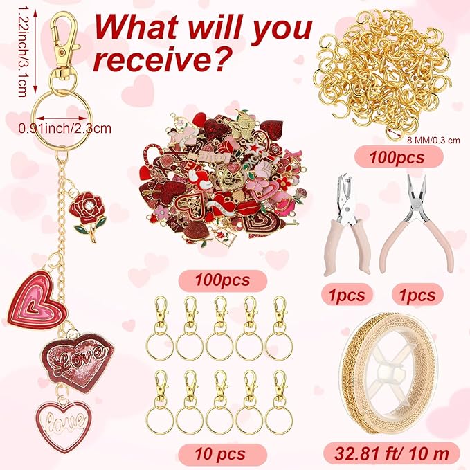 VioraWhite 213 Pcs Galentines Day Lip Gloss Keychain Making Kit Gift 100 Pink Enamel Charms 32.81 ft Gold Chains for Valentine's Day DIY Craft Jewelry Making Friends Women Adults