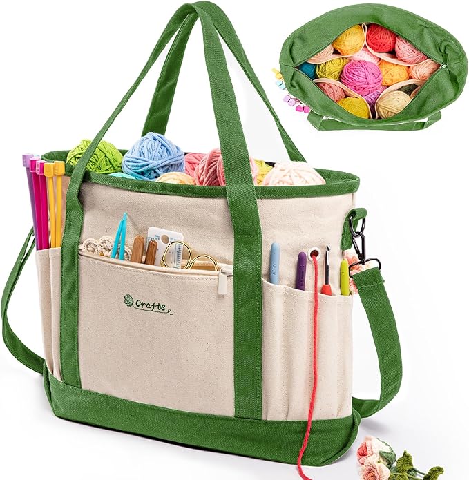 Canvas Yarn Storage Organizer Bag Washable Crochet Bag with Pockets for Yarn, Hooks, Needles – Travel Knitting Tote for Crafters – Gift for Crocheters & Knitters (Medium/Large)
