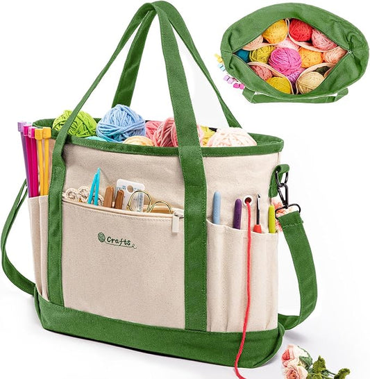 Canvas Yarn Storage Organizer Bag Washable Crochet Bag with Pockets for Yarn, Hooks, Needles – Travel Knitting Tote for Crafters – Gift for Crocheters & Knitters (Medium/Large)
