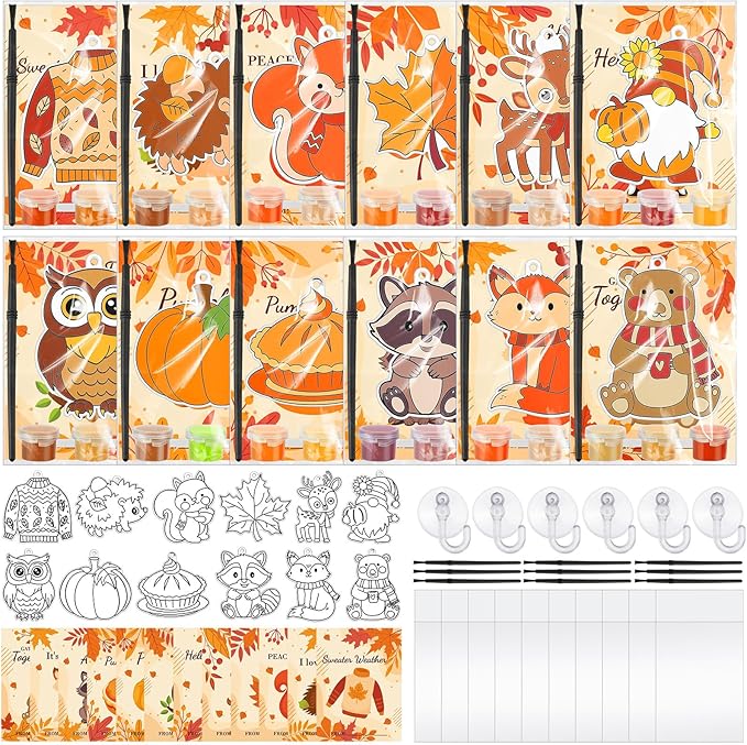 Geelin 24 Sets Fall Thanksgiving Suncatchers Ornaments Decorations DIY Window Paint Art Suncatchers Craft Kits Fall Leaf Pumpkin Sun Catchers for Autumn Harvest Party Classroom Activity Art Project