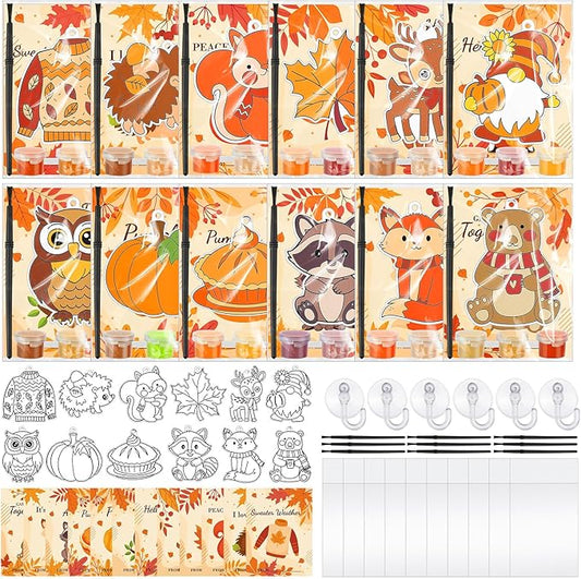 Geelin 24 Sets Fall Thanksgiving Suncatchers Ornaments Decorations DIY Window Paint Art Suncatchers Craft Kits Fall Leaf Pumpkin Sun Catchers for Autumn Harvest Party Classroom Activity Art Project