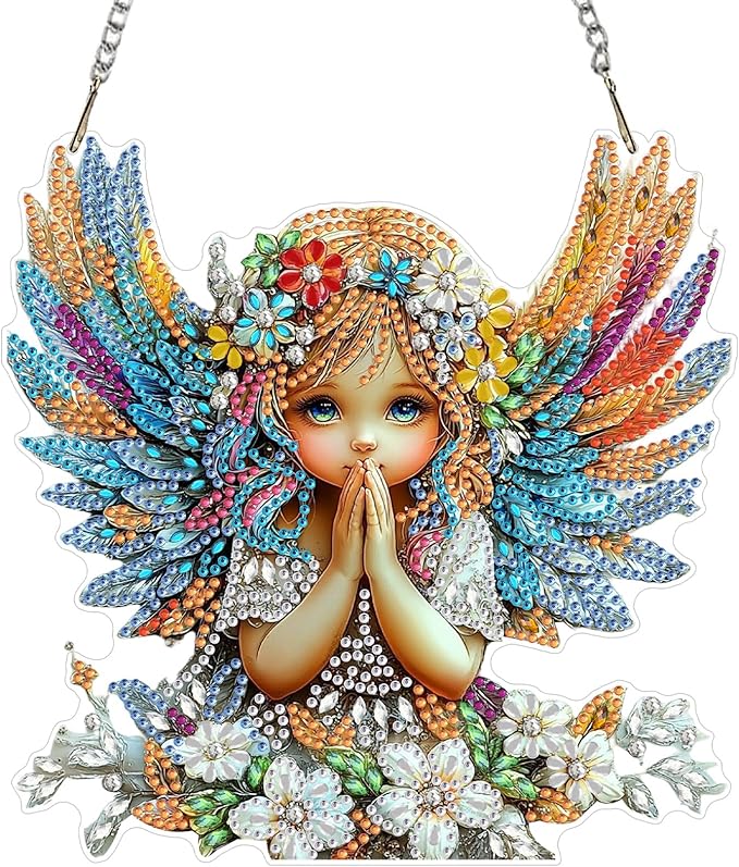 KEYIFA Angel Diamond Painting Kit, DIY Flowers Diamond Art for Adults, Diamonds Pendant Special Shaped Rhinestone Window Hanging Ornaments Home Garden Wall Door Decoration, 20cm Width