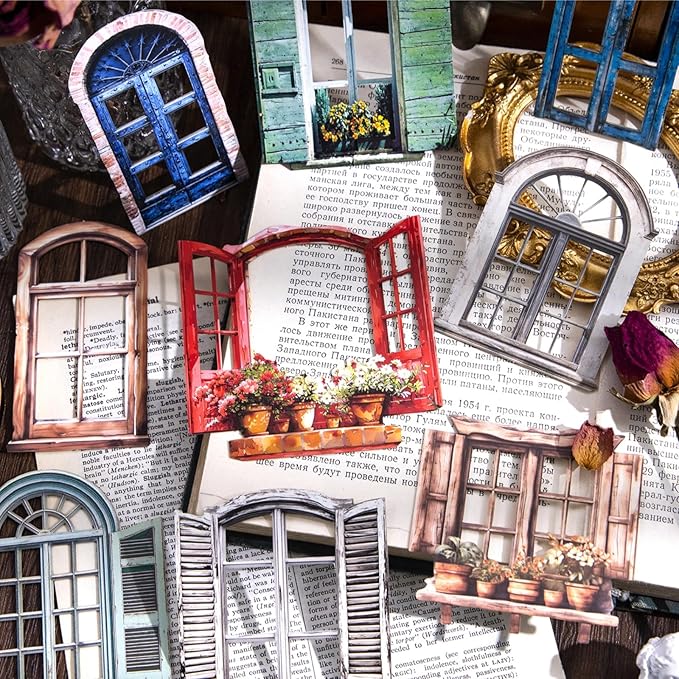 60 PCS Vintage Paper Window Frame Stickers, Aesthetic Decorative Window Cutouts Scrapbook Stickers for DIY Diary Junk Journal Handbook Album Decoration Label Sticker Journaling Scrapbooking Supplies