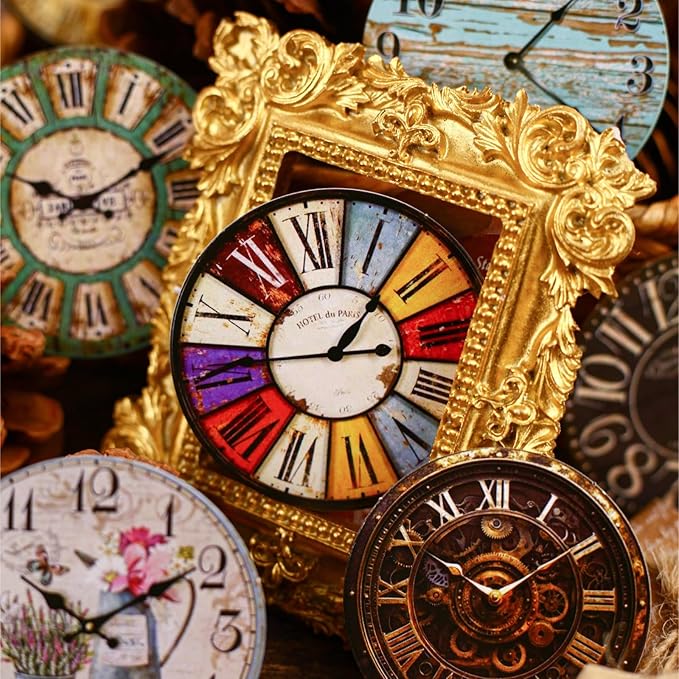 Vintage Time Dial Stickers – 60pcs Retro Clock Pattern Cardstock Stickers with Roman Numerals, Pre-Cut Self-Adhesive for Scrapbook, Junk Journal, Planner and DIY Collage