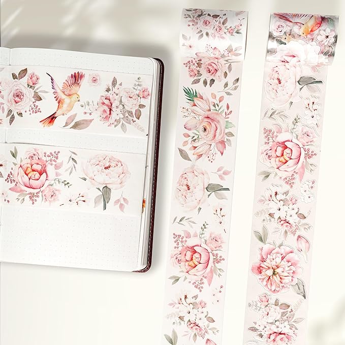 WT Pre-Cut Pink Velvet Wide PET Tape, Single Roll, Original Designs, Transparent Floral Adhesive, Durable Decorative Clear Tape for Journaling, Scrapbook, Planner, DIY Crafts, Bujo Supplies, 60mm×5m